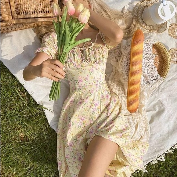 Floral dress puff sleeve summer flower slit long - Picture 10 of 11